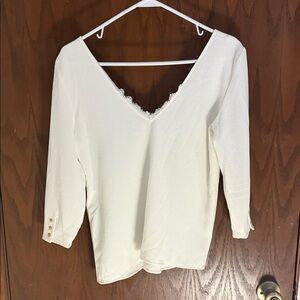 Sezane Cream V-Neck Blouse with Lace Detail